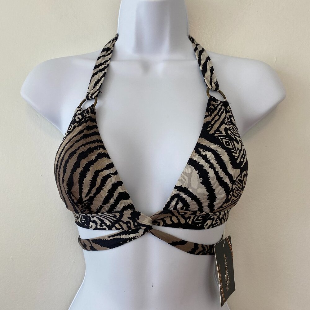 Beach Joy Black Grey Print Triangle Halter Tie Bikini Top Small